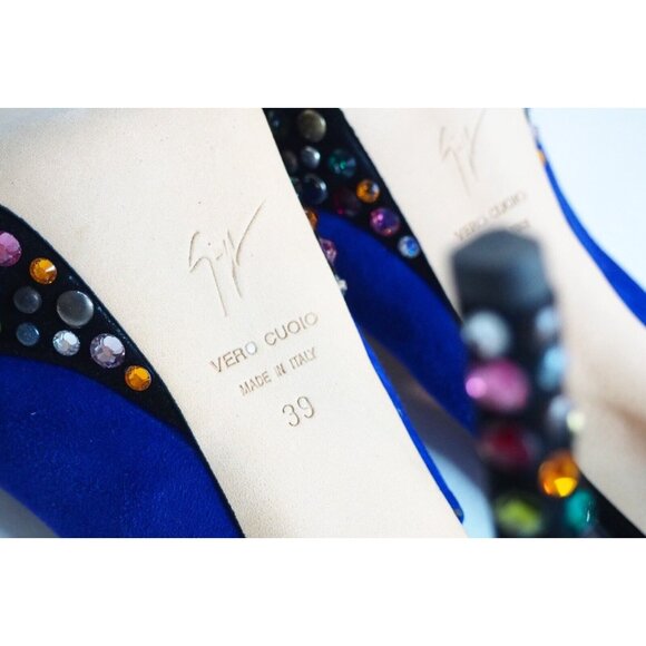Giuseppe Zanotti Design Blue Suede Peep Toe Bejeweled Platform Heels, Size 9 US - Picture 11 of 14